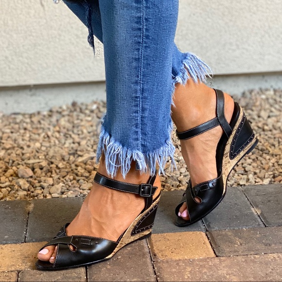 Anthropologie Shoes - Black Leather Peep Toe Cork Kitten Wedge Sandal